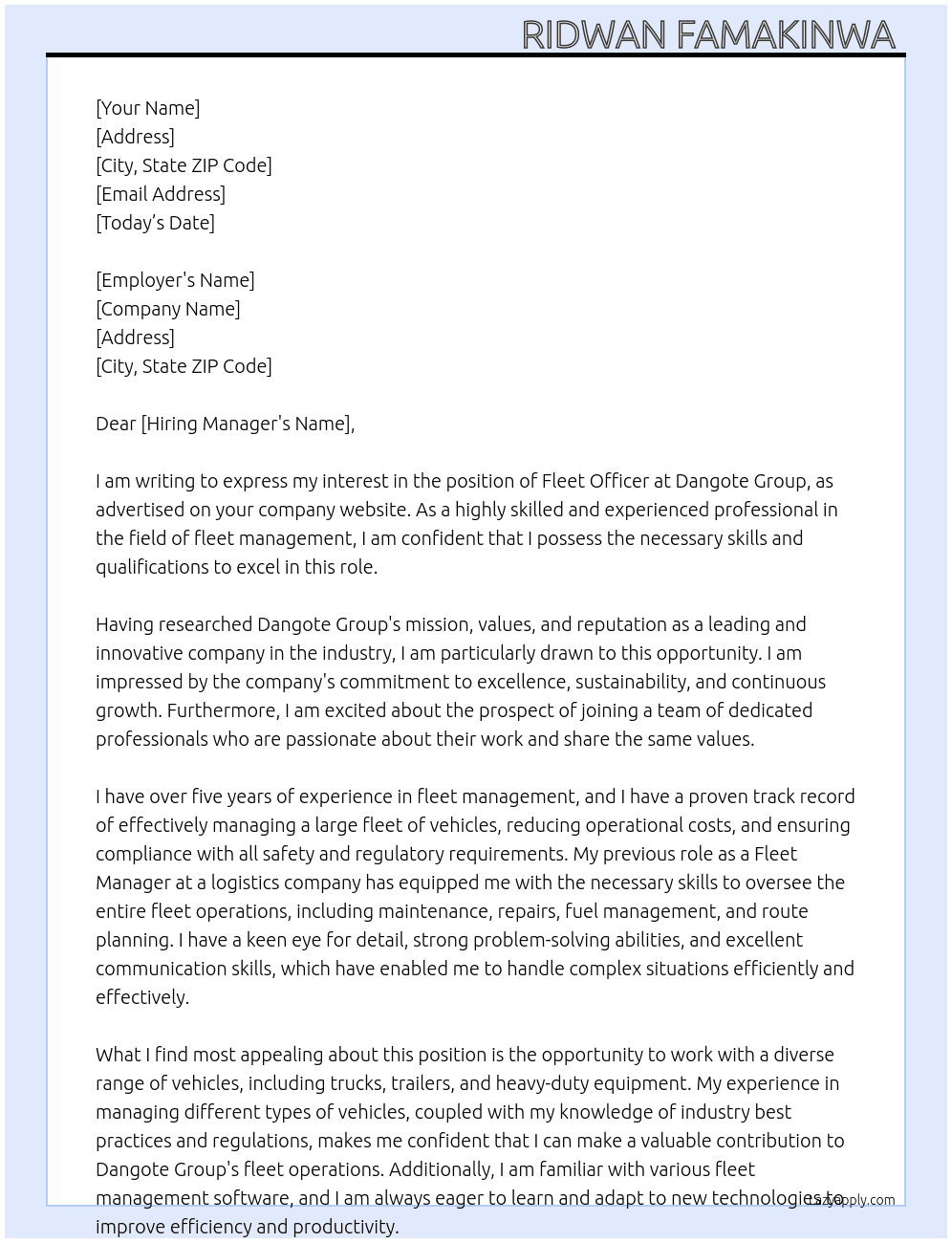Fleet Officer  At Dangote group  Cover Letter