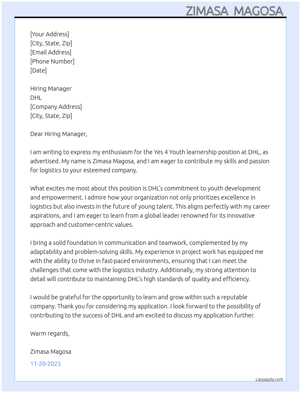 Yes 4 Youth learnership At DHL Cover Letter