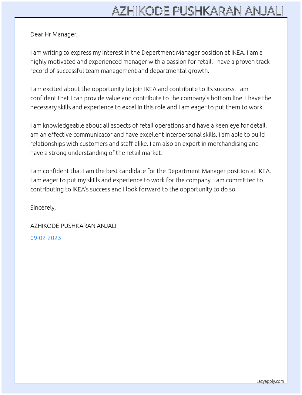Department manager  At IKEA Cover Letter