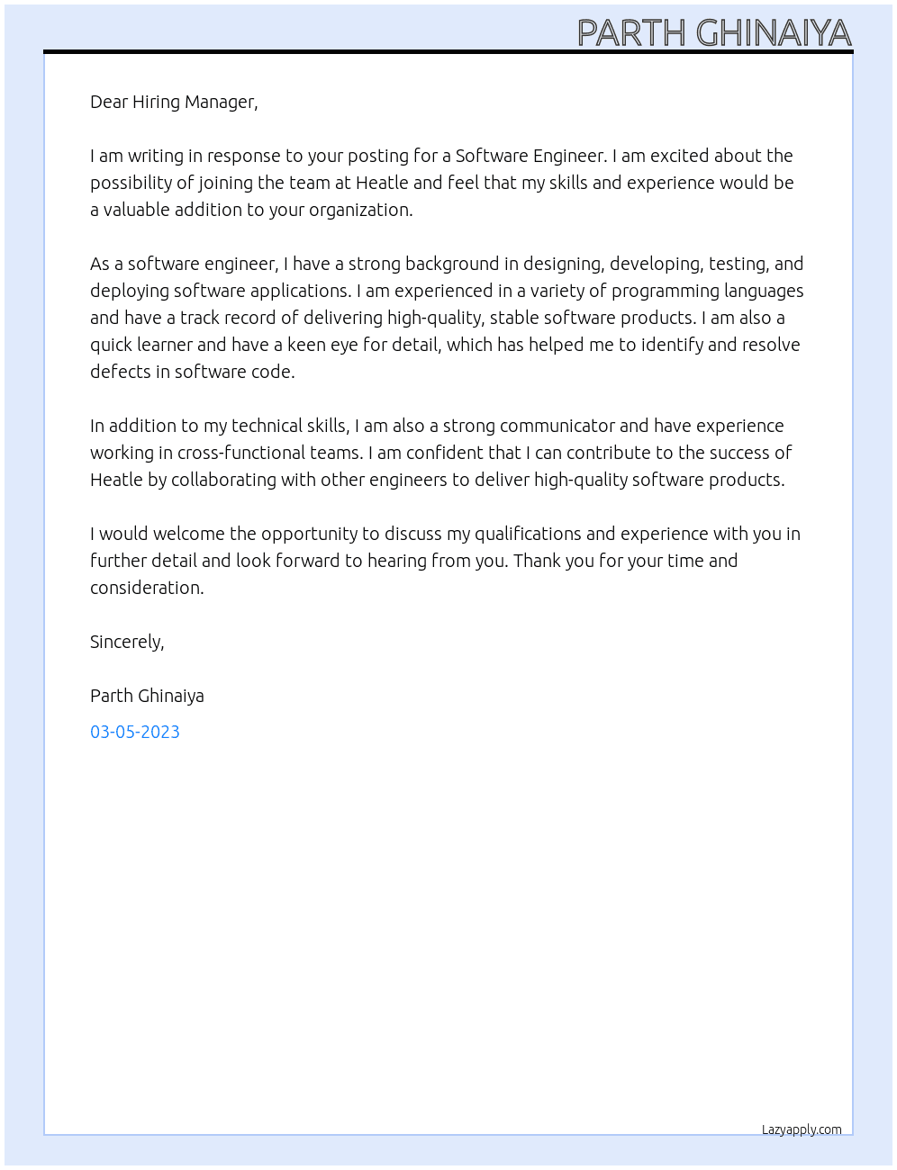 Software Engineer At Heatle Cover Letter