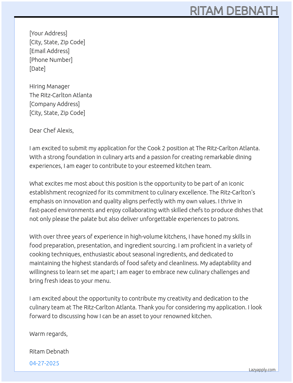 Cook 2 At The Ritz-Carlton Atlanta  Cover Letter