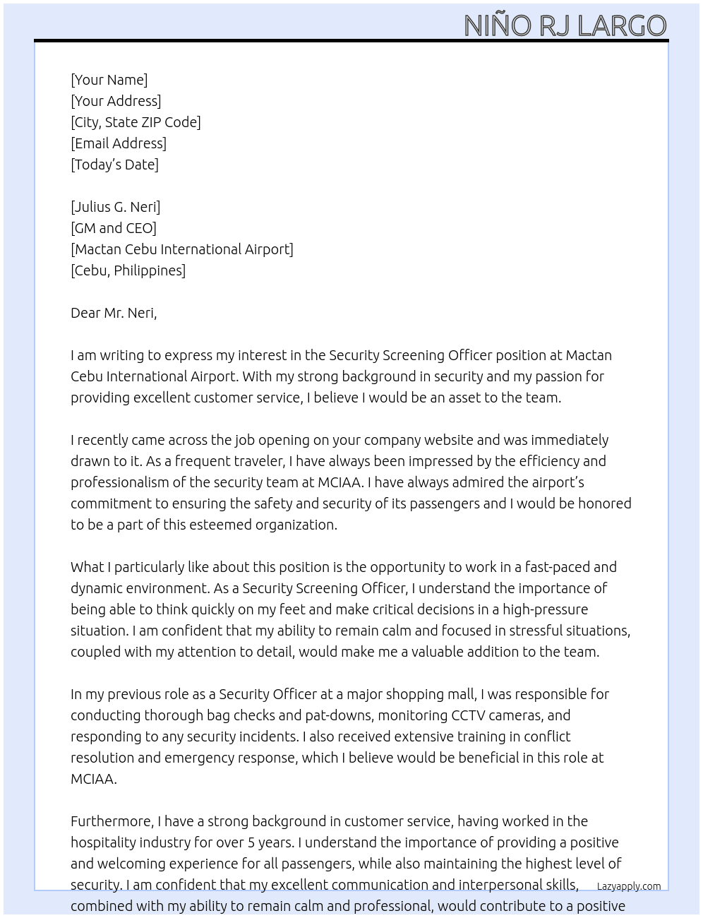 Security Screening Officer At Mactan Cebu International Airport Cover Letter