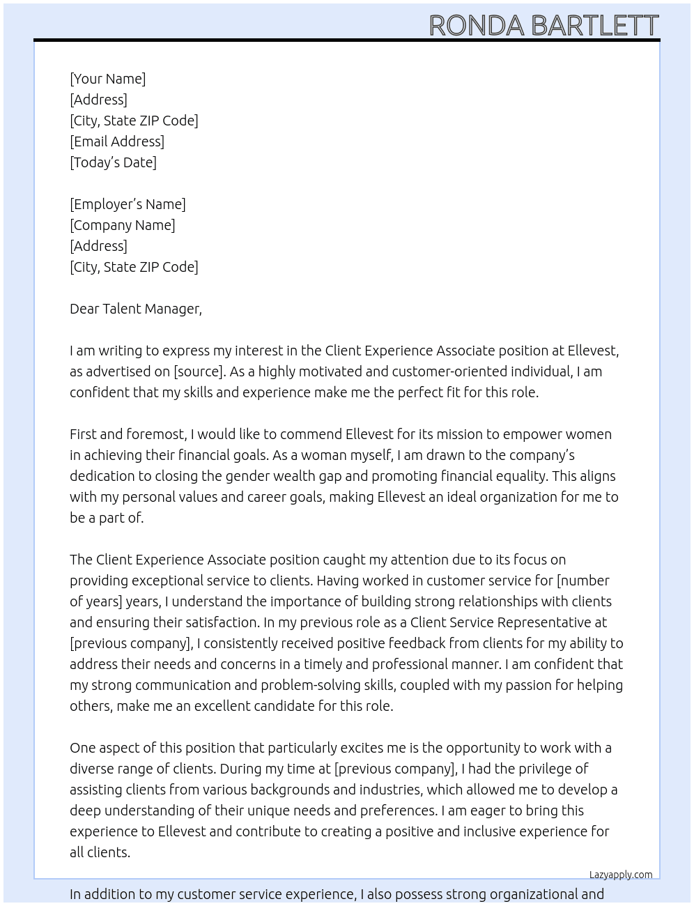 client exprience associate At Ellevest Cover Letter