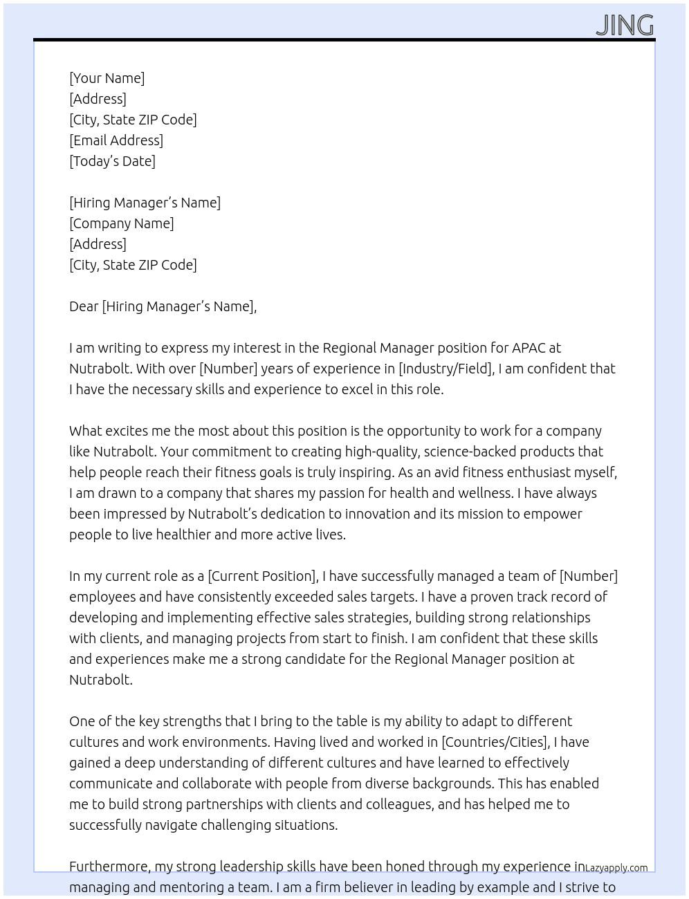 Regional Manager - APAC At Nutrabolt Cover Letter