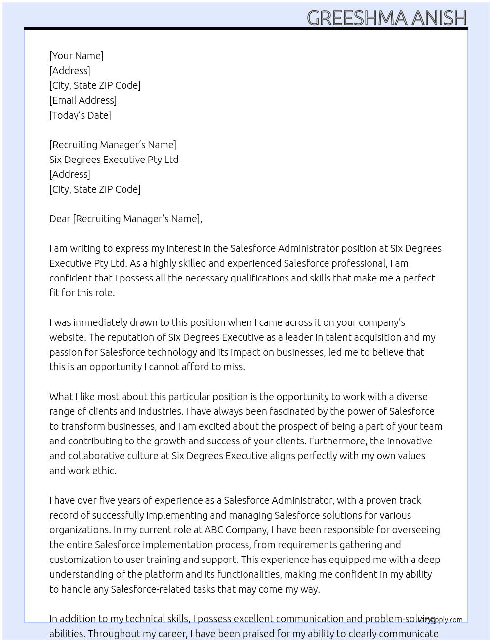 Salesforce Administrator At Six Degrees Executive Pty Ltd Cover Letter