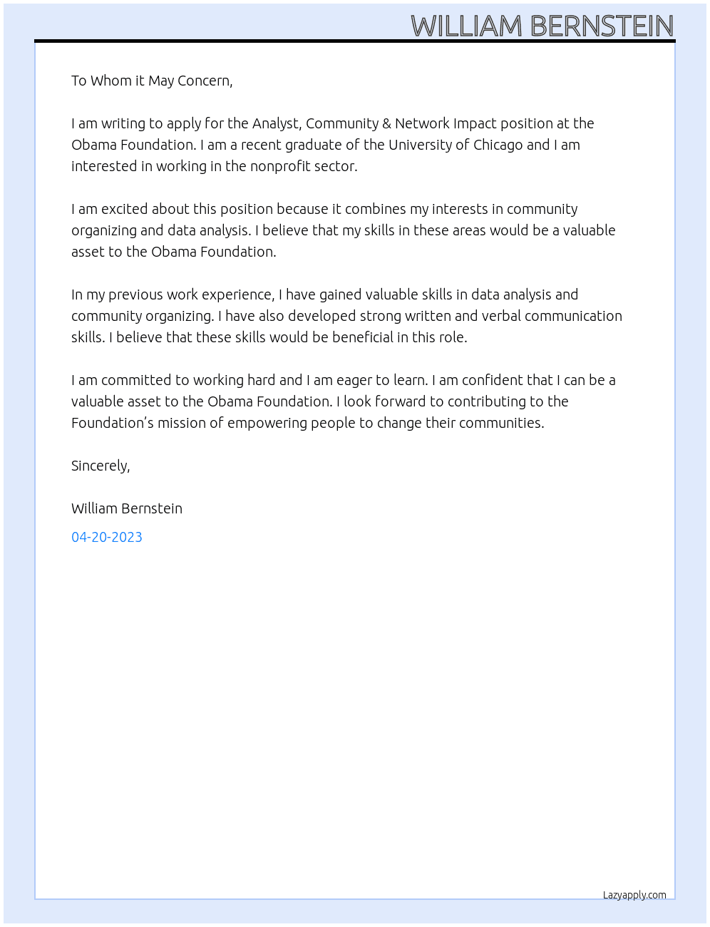 Analyst, Community & Network Impact At Obama Foundation Cover Letter