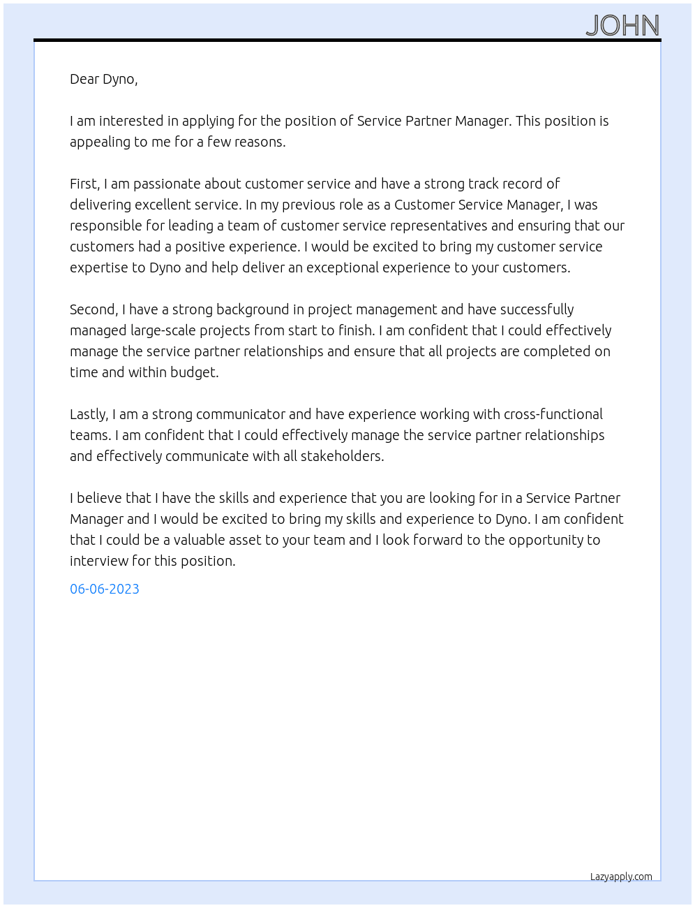 Service partner manager At Dyno Cover Letter