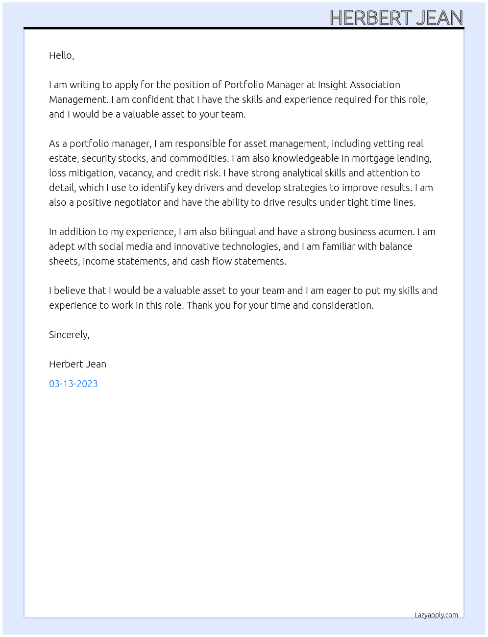 Portfolio Manager At Insight Association Management Cover Letter