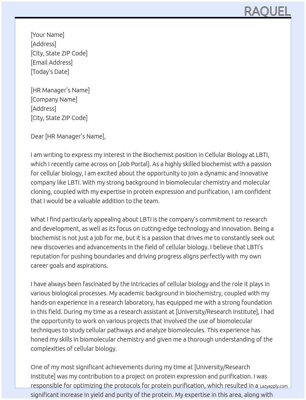Biochemist in Cellular Biology At LBTI Cover Letter
