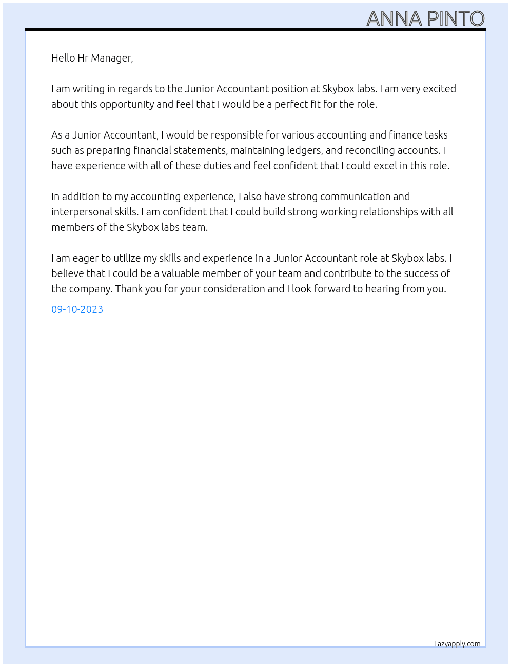 Junior Accountant At Skybox labs Cover Letter