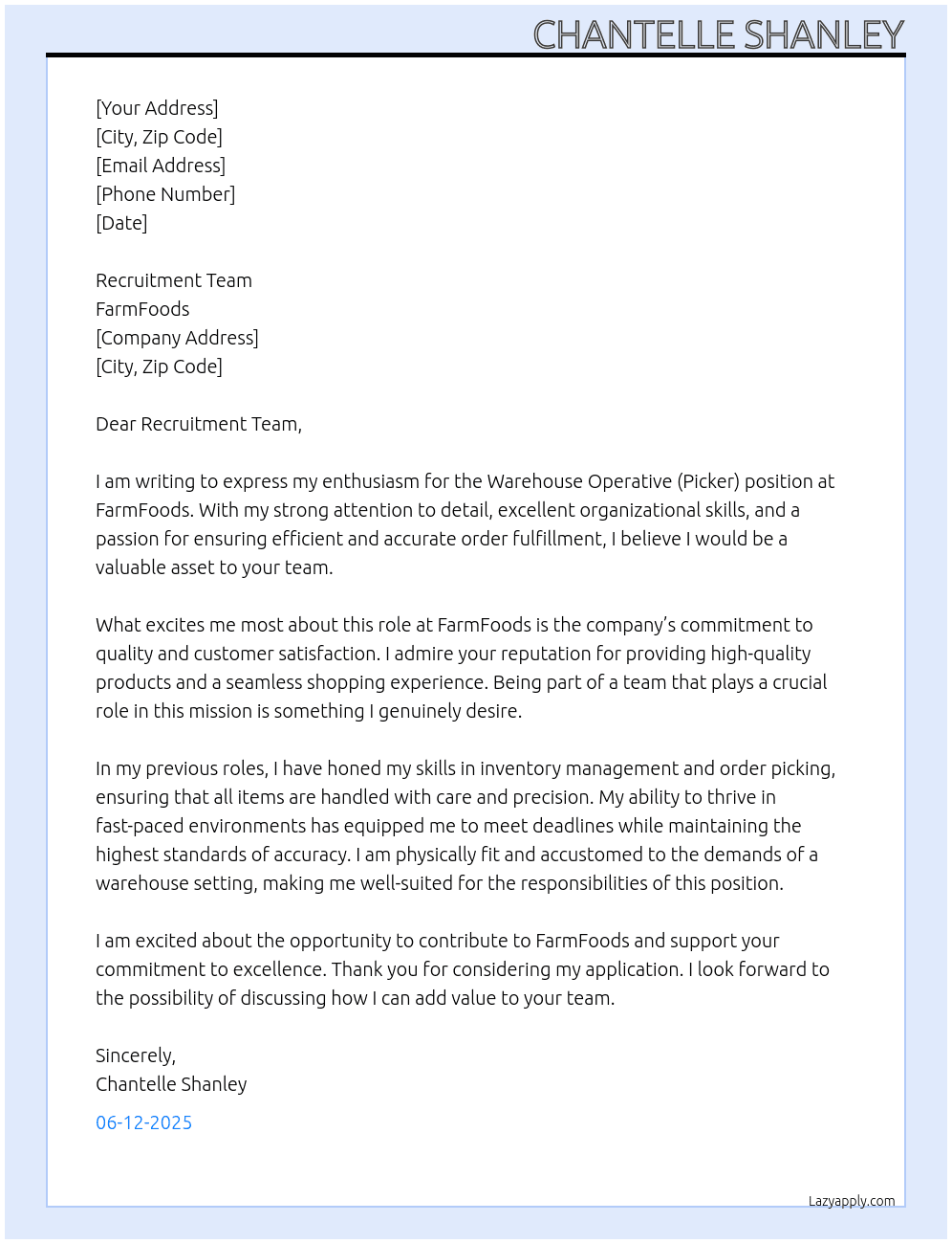 Warehouse Operative (Picker) At FarmFoods Cover Letter