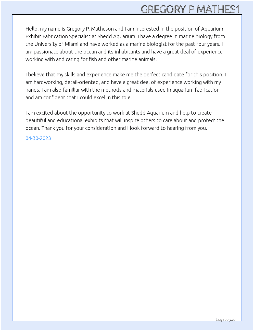 aquarium Exhibit Fabrication specialist At Shedd Aquarium Cover Letter