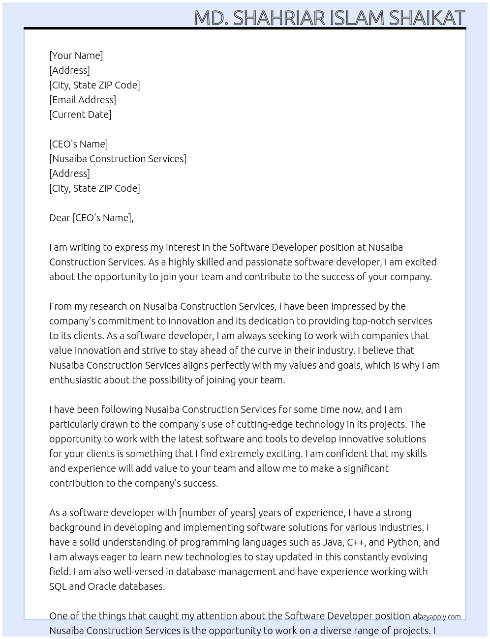 Software Developer At Nusaiba Construction Services Cover Letter