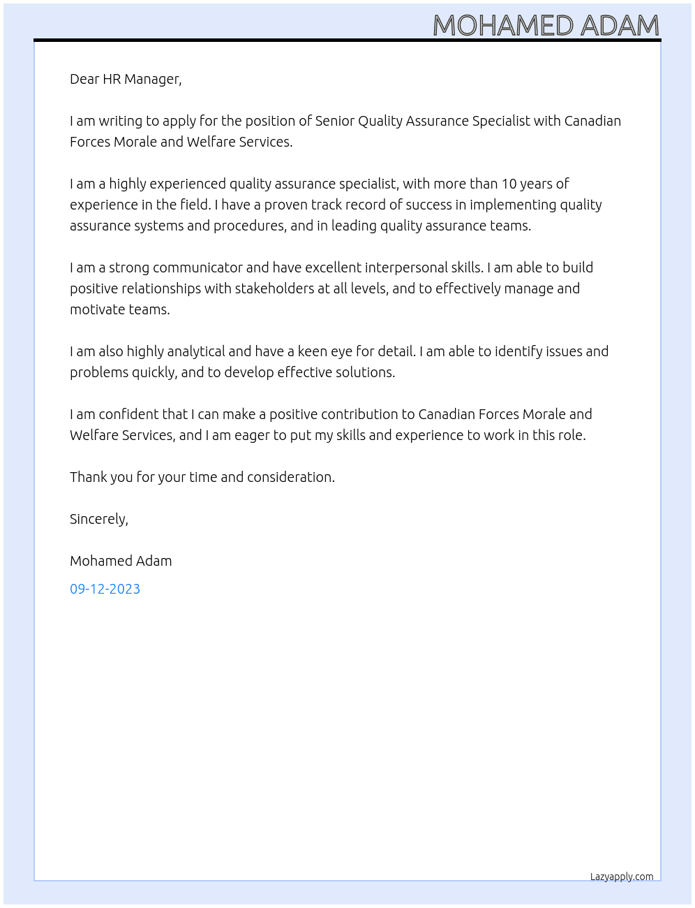  Senior Quality Assurance Specialist At Canadian Forces Morale and Welfare Services Cover Letter
