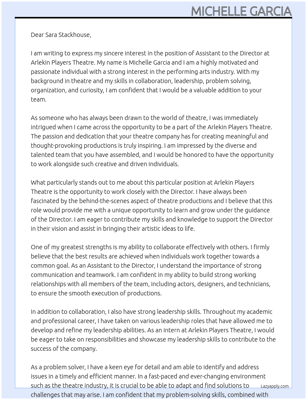 Assistant to the Director At Arlekin Players Theatre Cover Letter