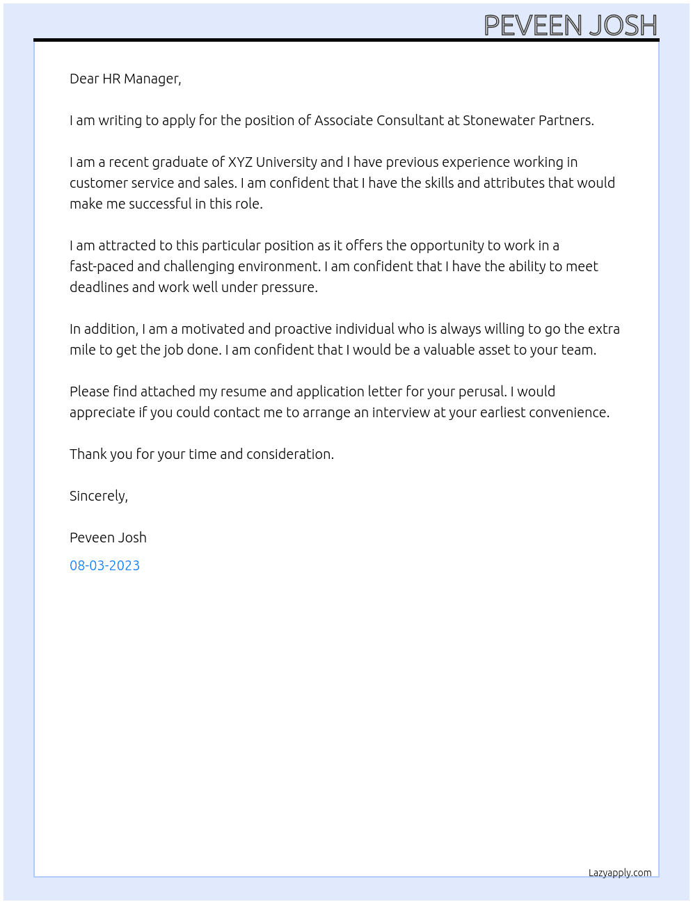 Associate Consultant At Stonewater Partners Cover Letter