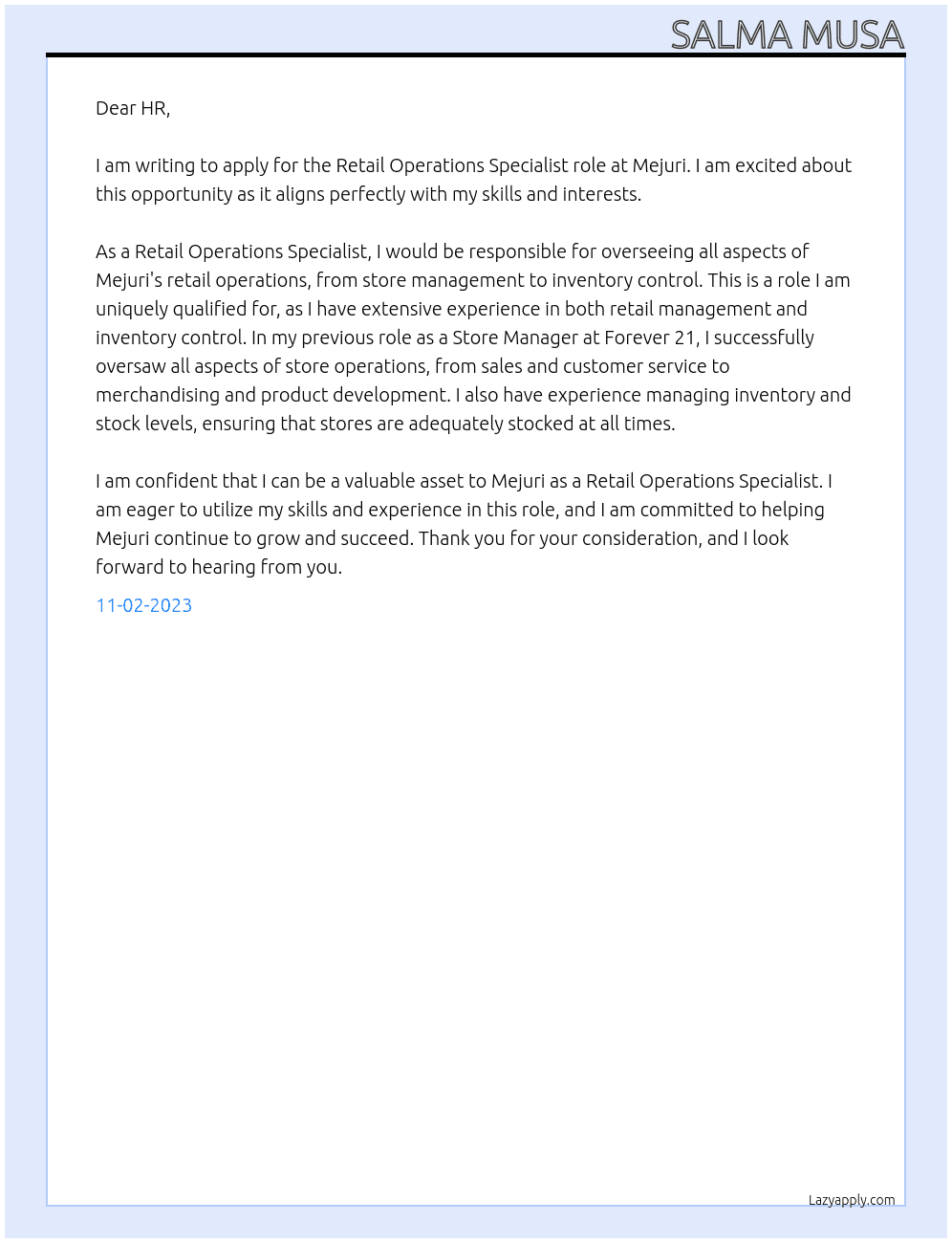 Retail Operations Specialist Role At Mejuri Cover Letter