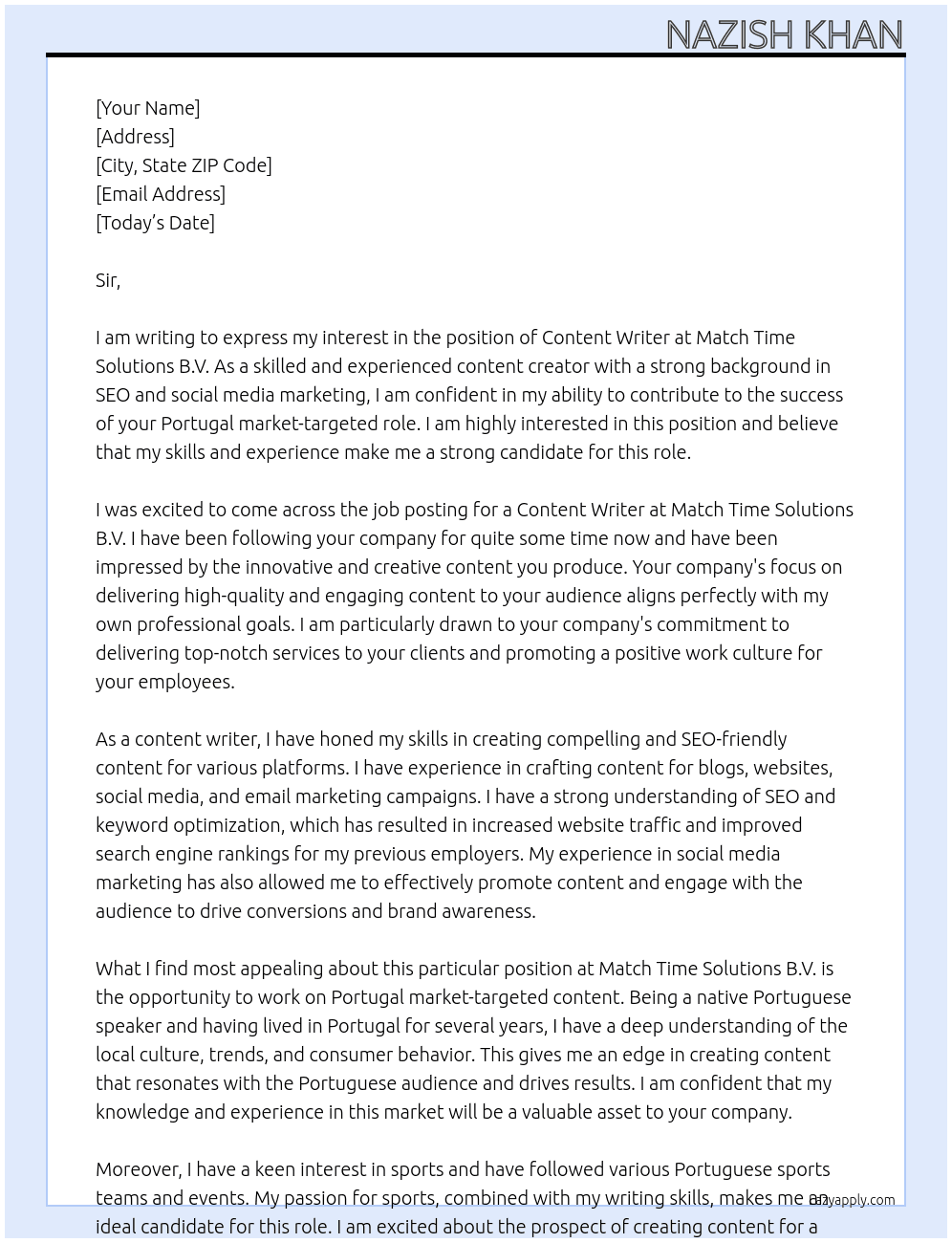 content writer At Match Time Solutions B.V. Cover Letter