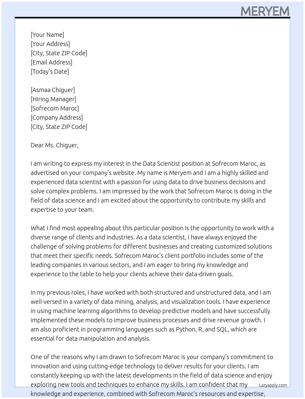 data scientist At Sofrecom Maroc Cover Letter