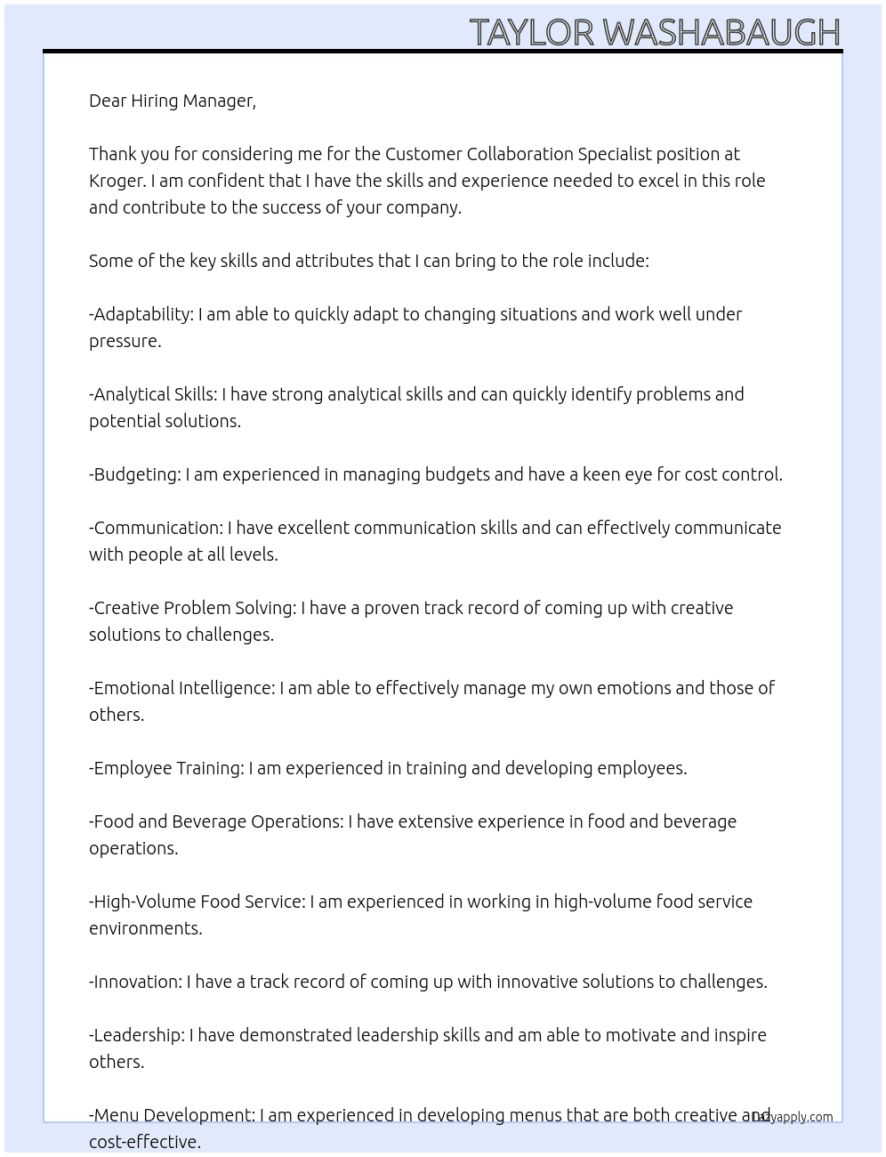 Customer Collaboration Specialist - Kroger At LIPTON Teas and Infusions Cover Letter
