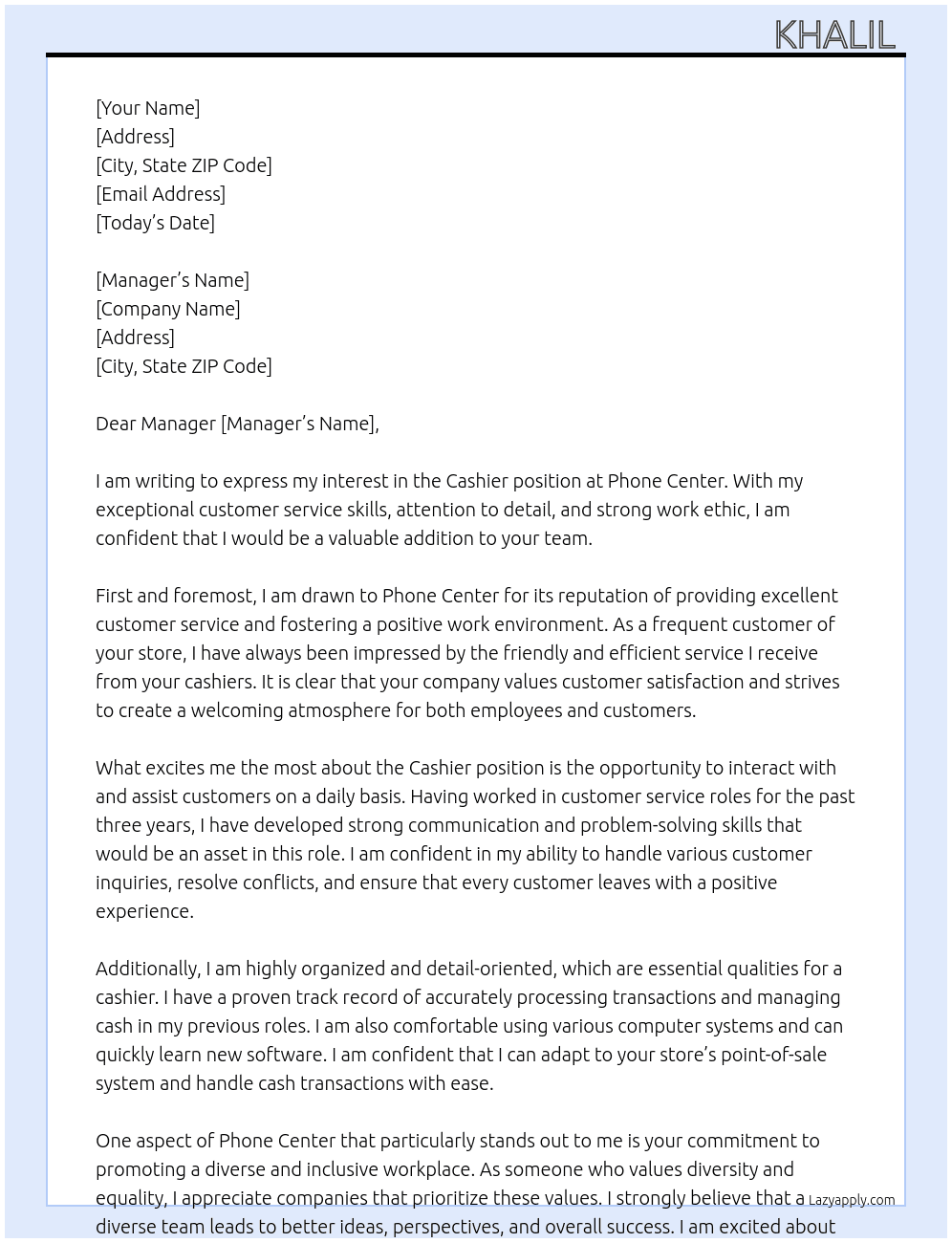 Cashier  At Phone center  Cover Letter