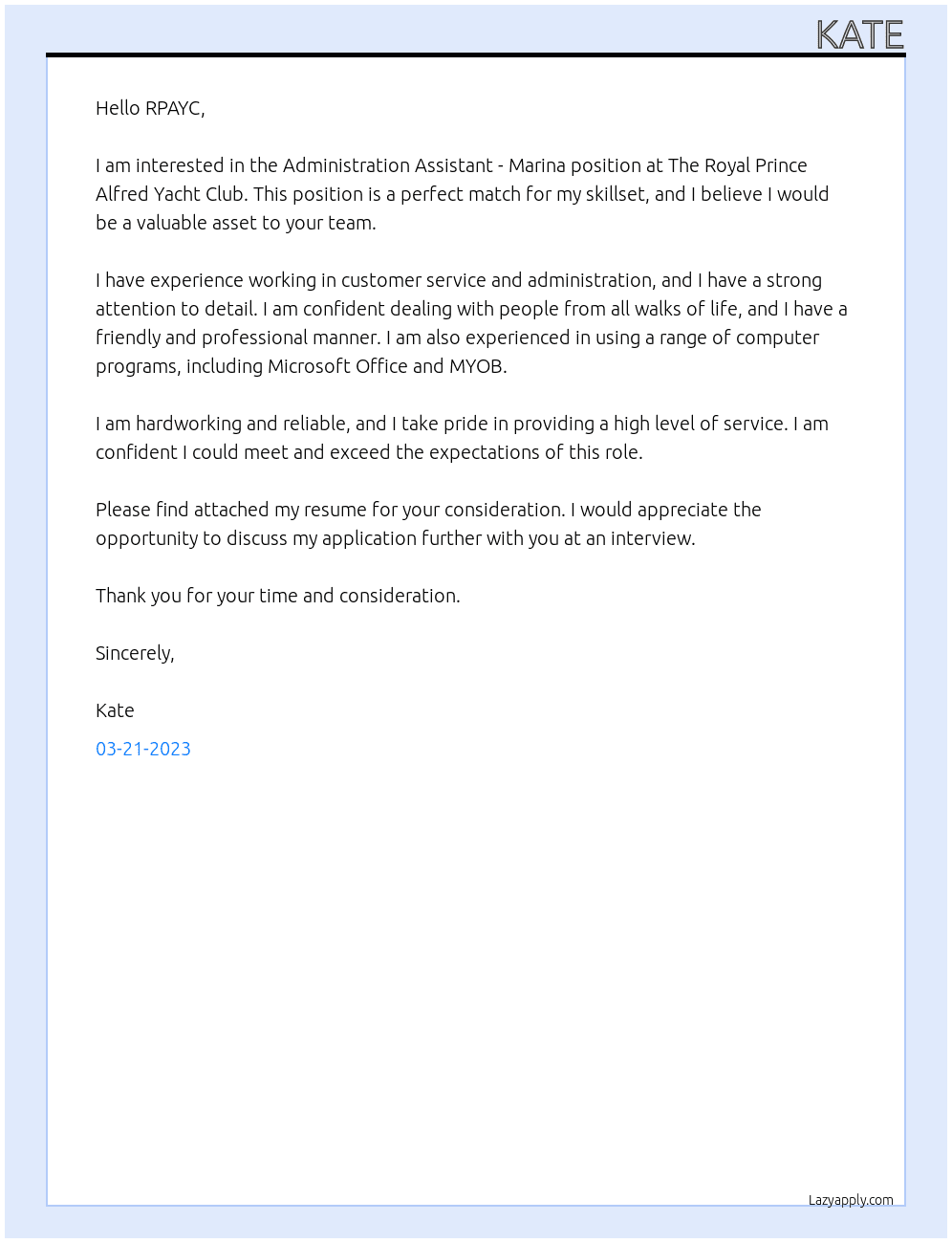 Administration Assistant - Marina At The Royal Prince Alfred Yacht Club Cover Letter