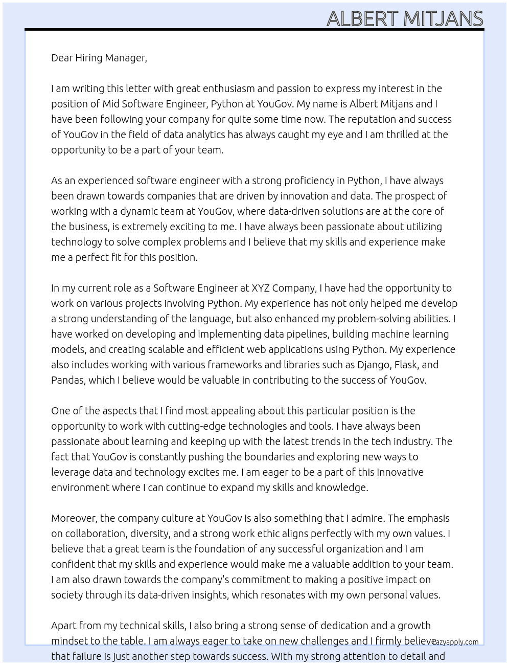 Mid Software Engineer, Python At YouGov Cover Letter