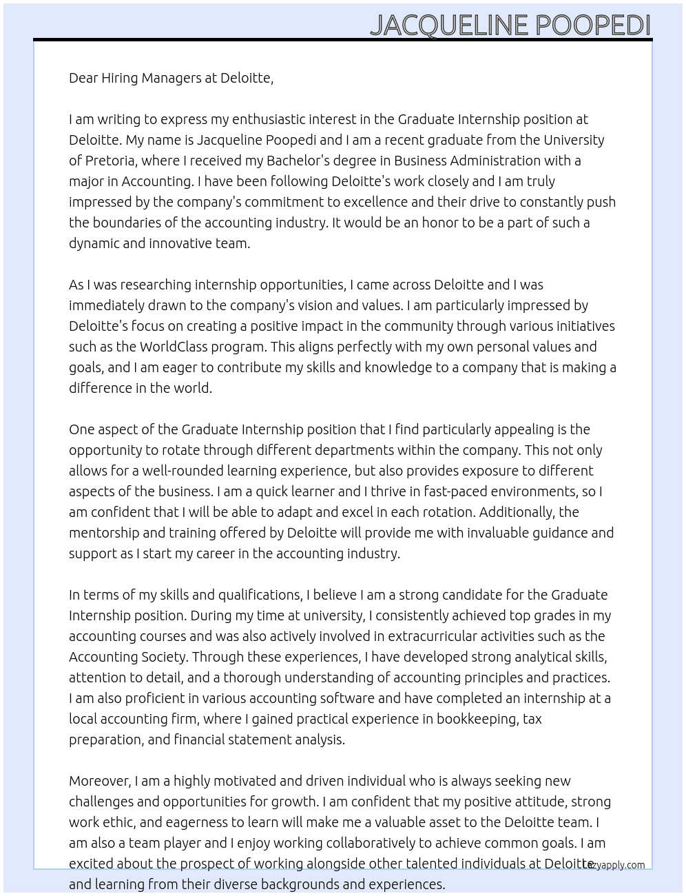 Graduate internship  At Deloitte Cover Letter