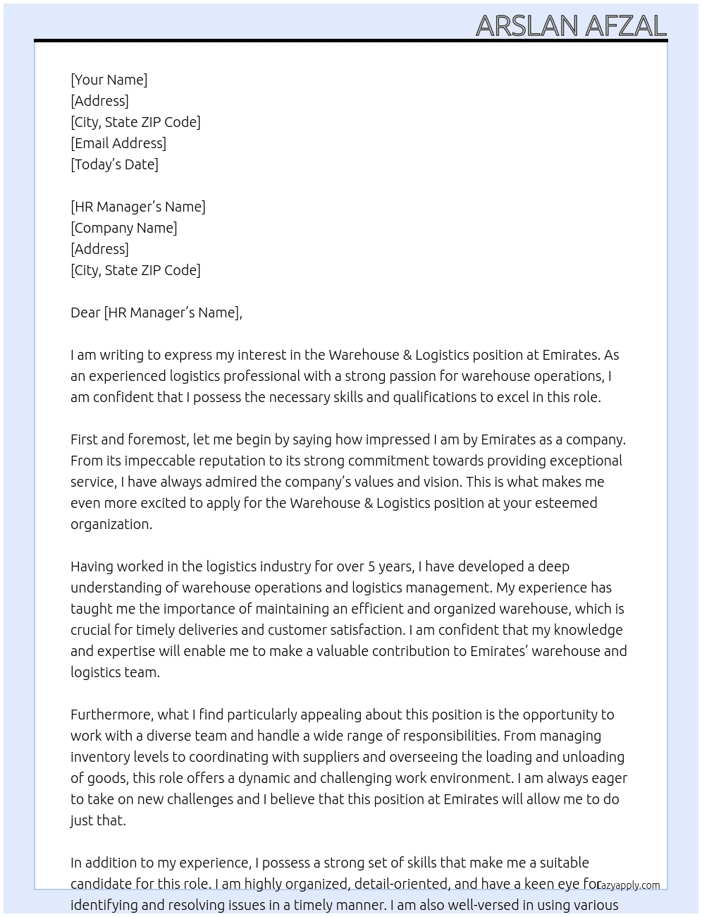 WAREHOUSE & LOGISTICS At EMIRTAES Cover Letter