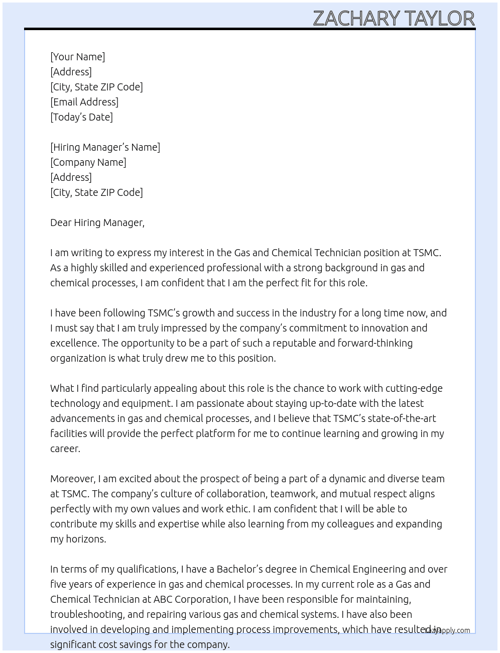Gas and Chemical Technician At TSMC Cover Letter