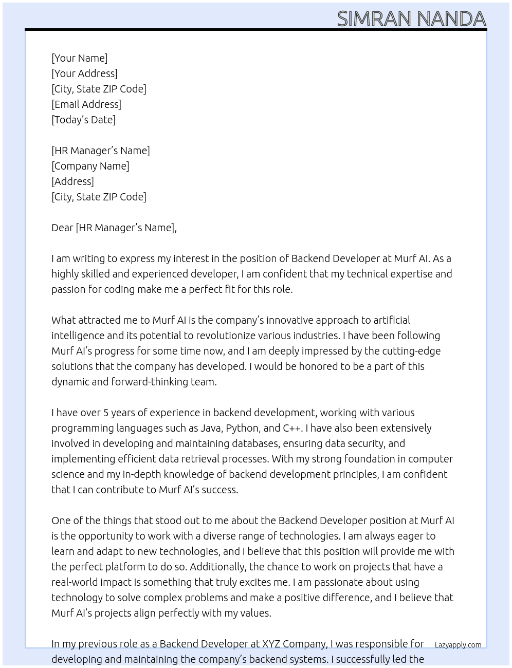 Backend Developer At Murf AI Cover Letter