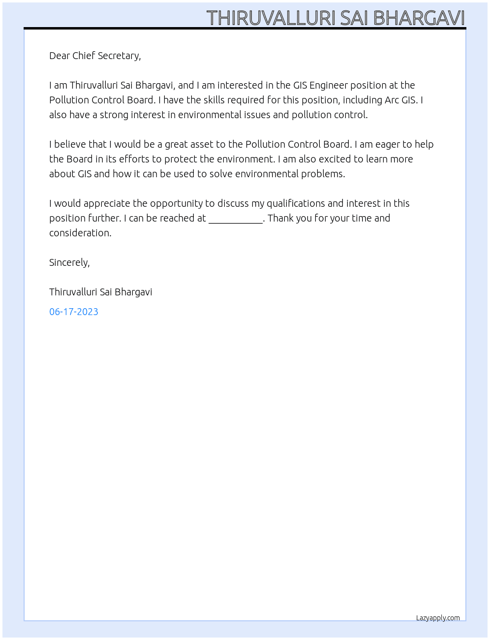 GIS Engineer At Pollution Control Board Cover Letter