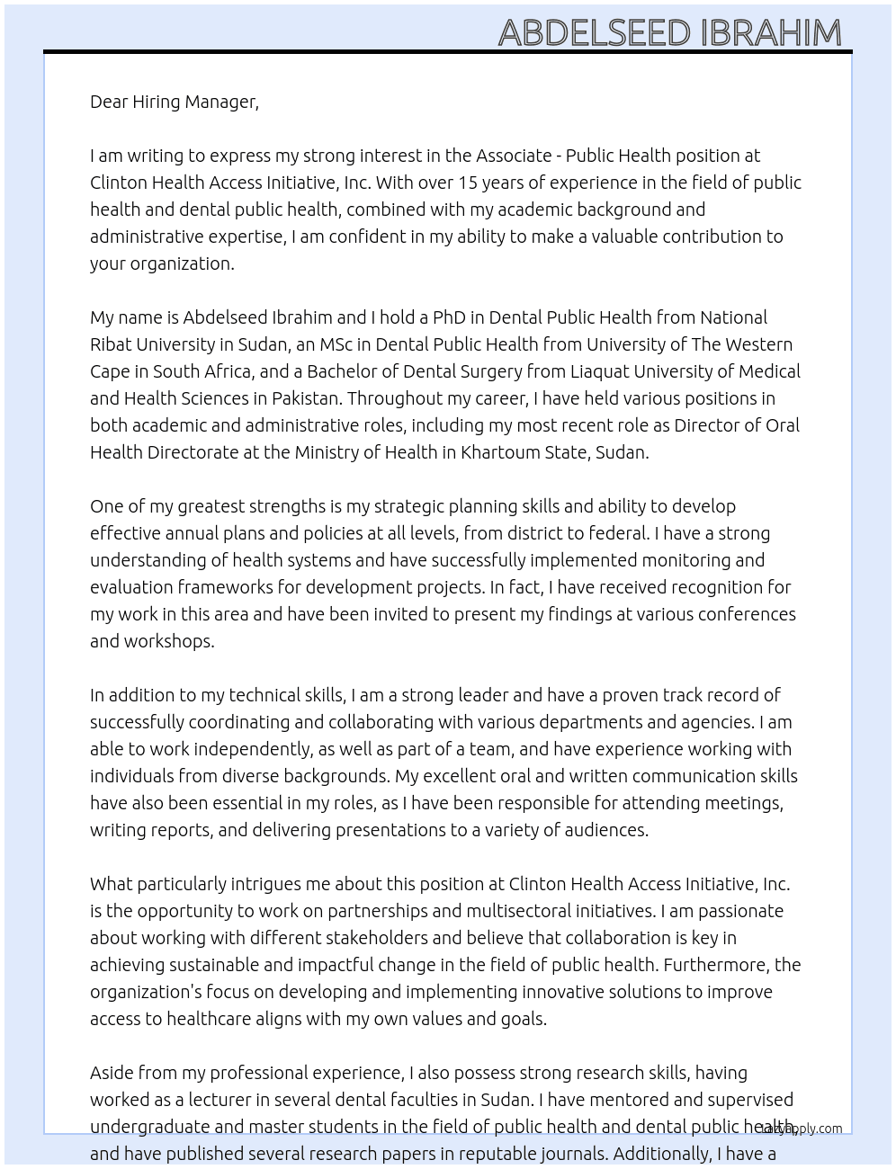 Associate - Public Health Degree - General Interest At Clinton Health Access Initiative, Inc Cover Letter
