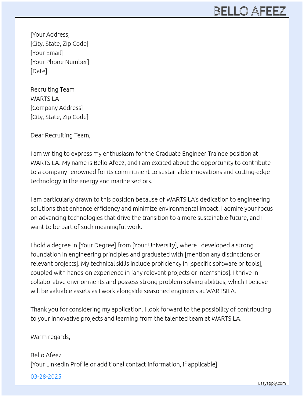 Graduate Engineer trainee  At WARTSILA Cover Letter