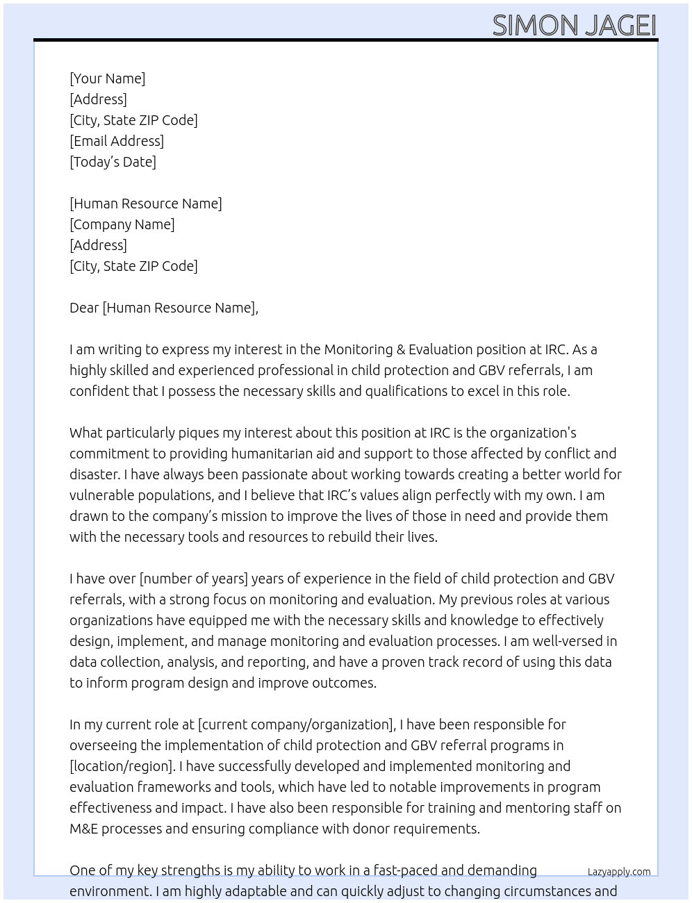 Monitoring & Evaluation At IRC Cover Letter
