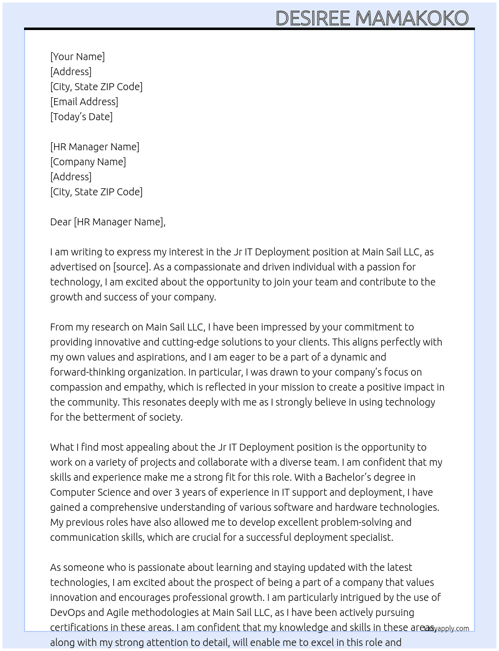 Jr IT deployment  At Main Sail Llc Cover Letter