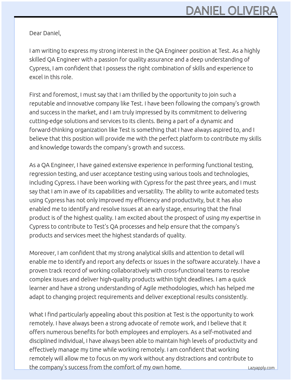 QA Engineer At Test Cover Letter