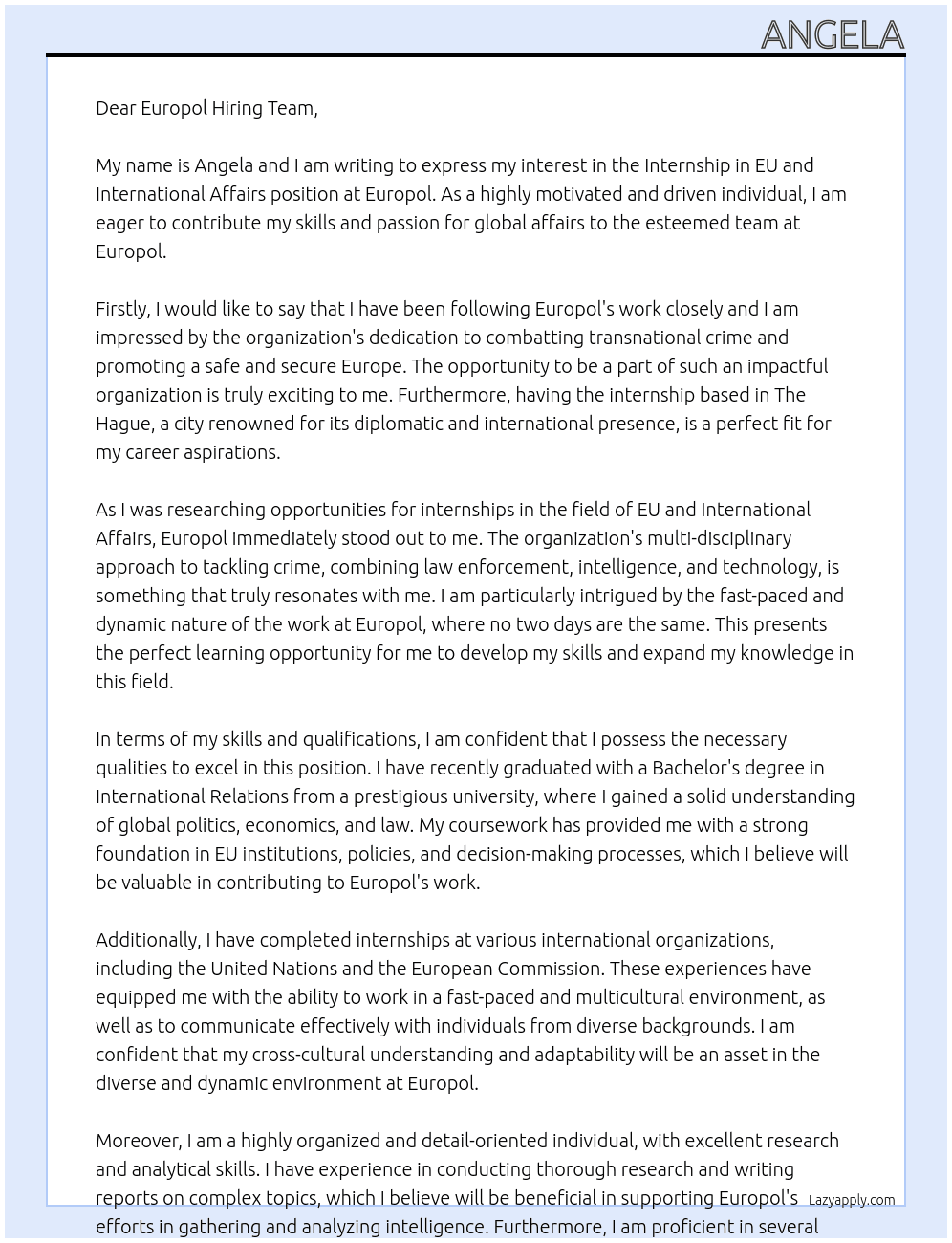 Internship in EU and International Affairs At Europol Cover Letter