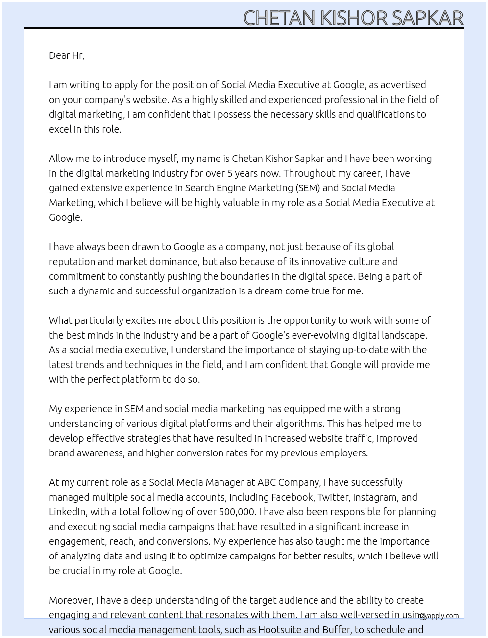 Social media executive At Google  Cover Letter