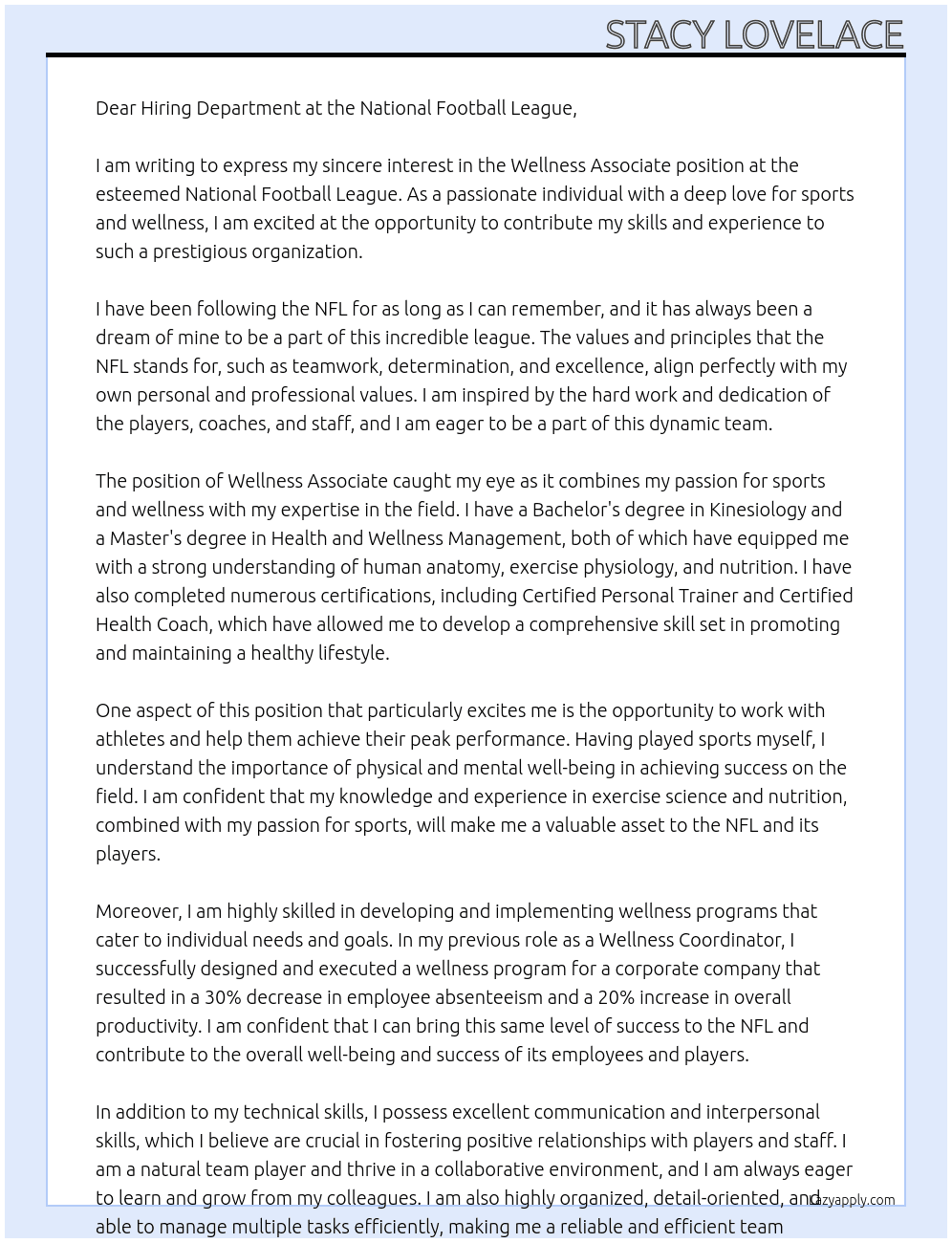 Wellness Associate At National Football League  Cover Letter