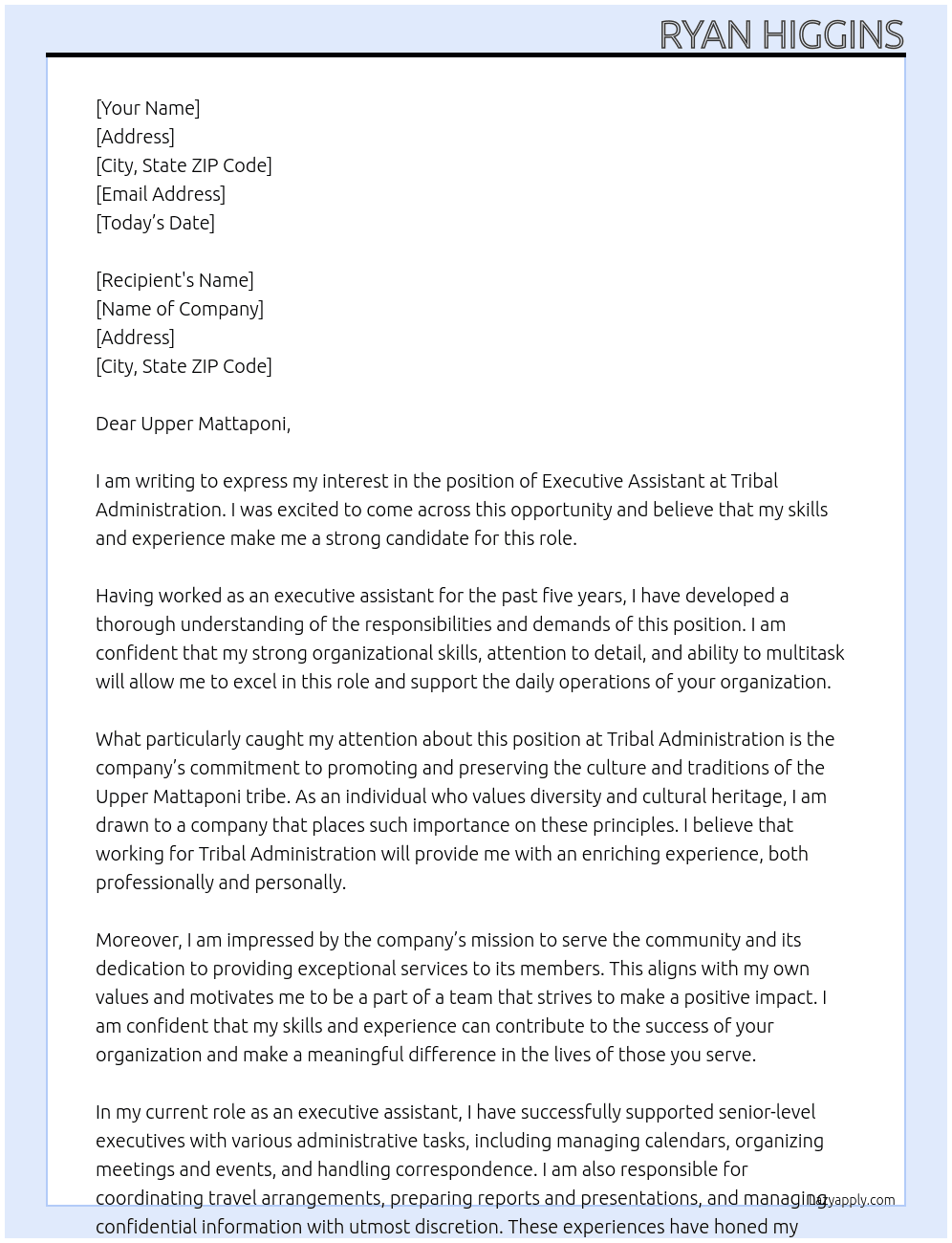 executive assistant At Tribal Administration  Cover Letter