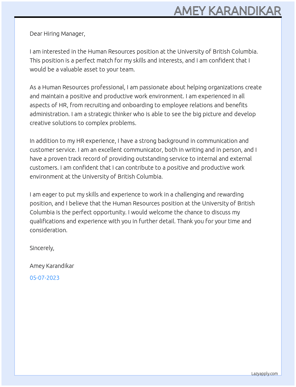 Human Resources At Univeristy of British Columbia Cover Letter