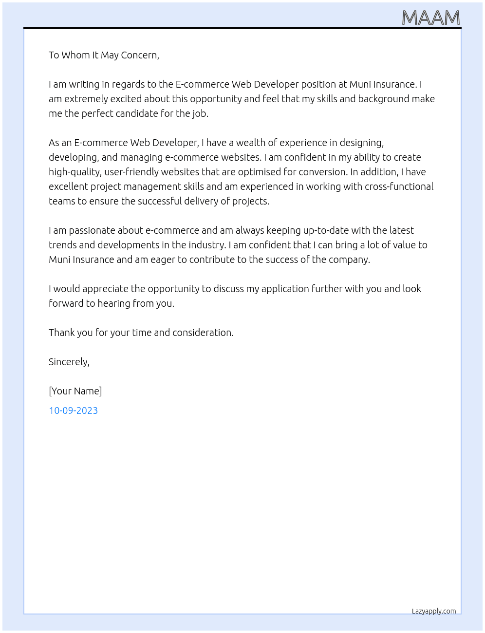 E-commerce Web Developer At muni insurance Cover Letter