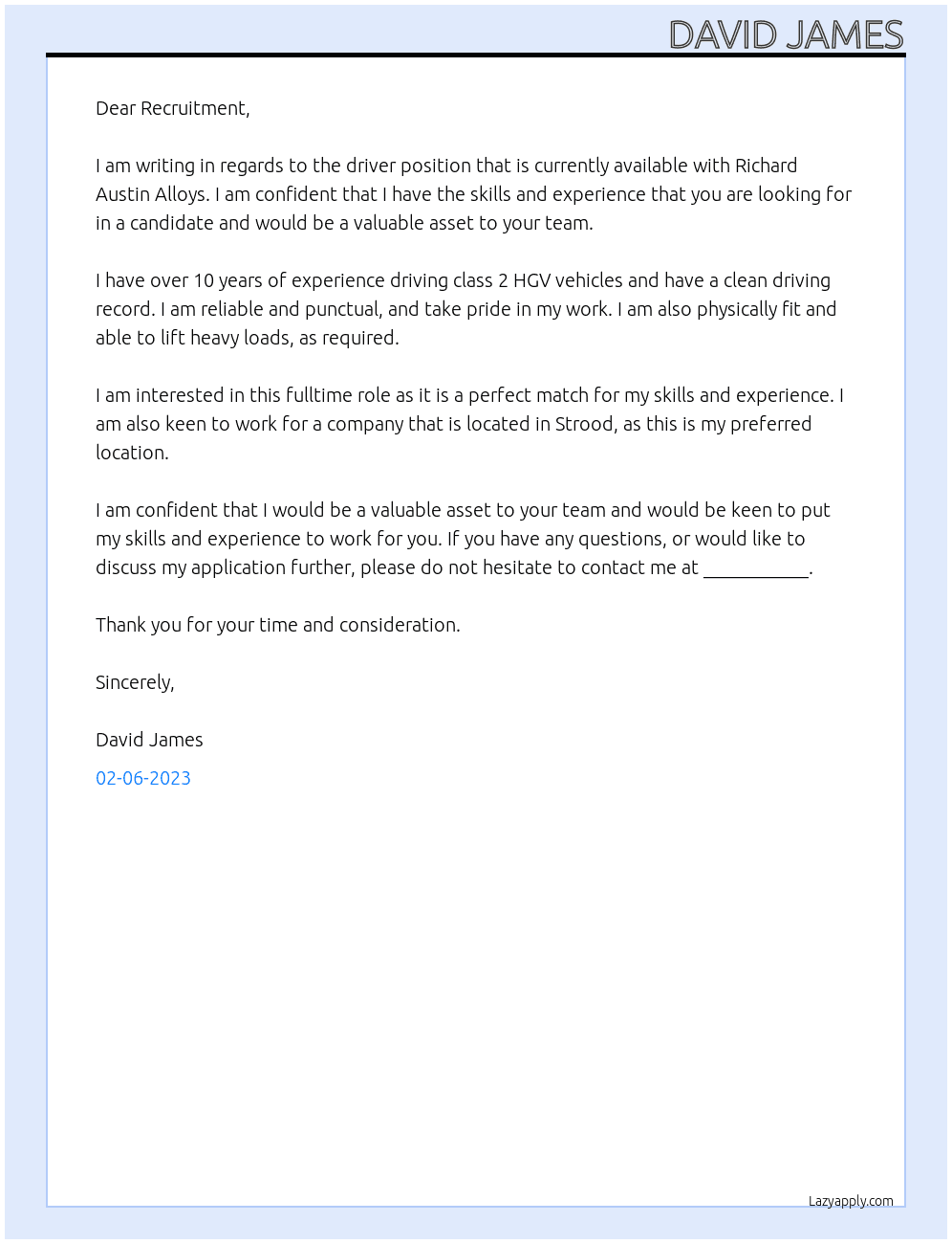 driver At Richard Austin Alloys Cover Letter