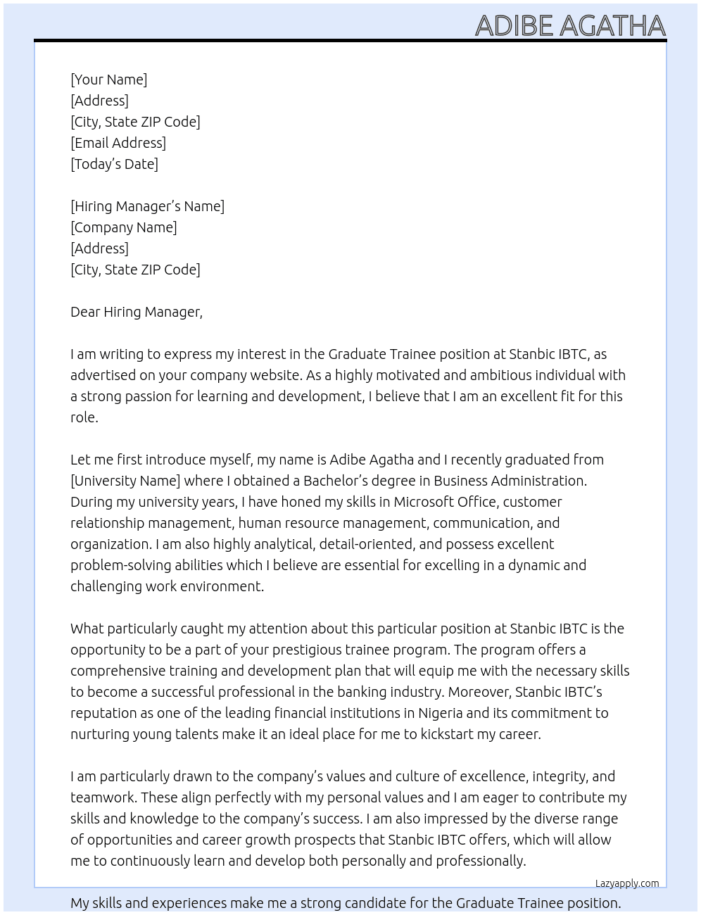 Graduate Trainee  At Stanbic IBTC Cover Letter
