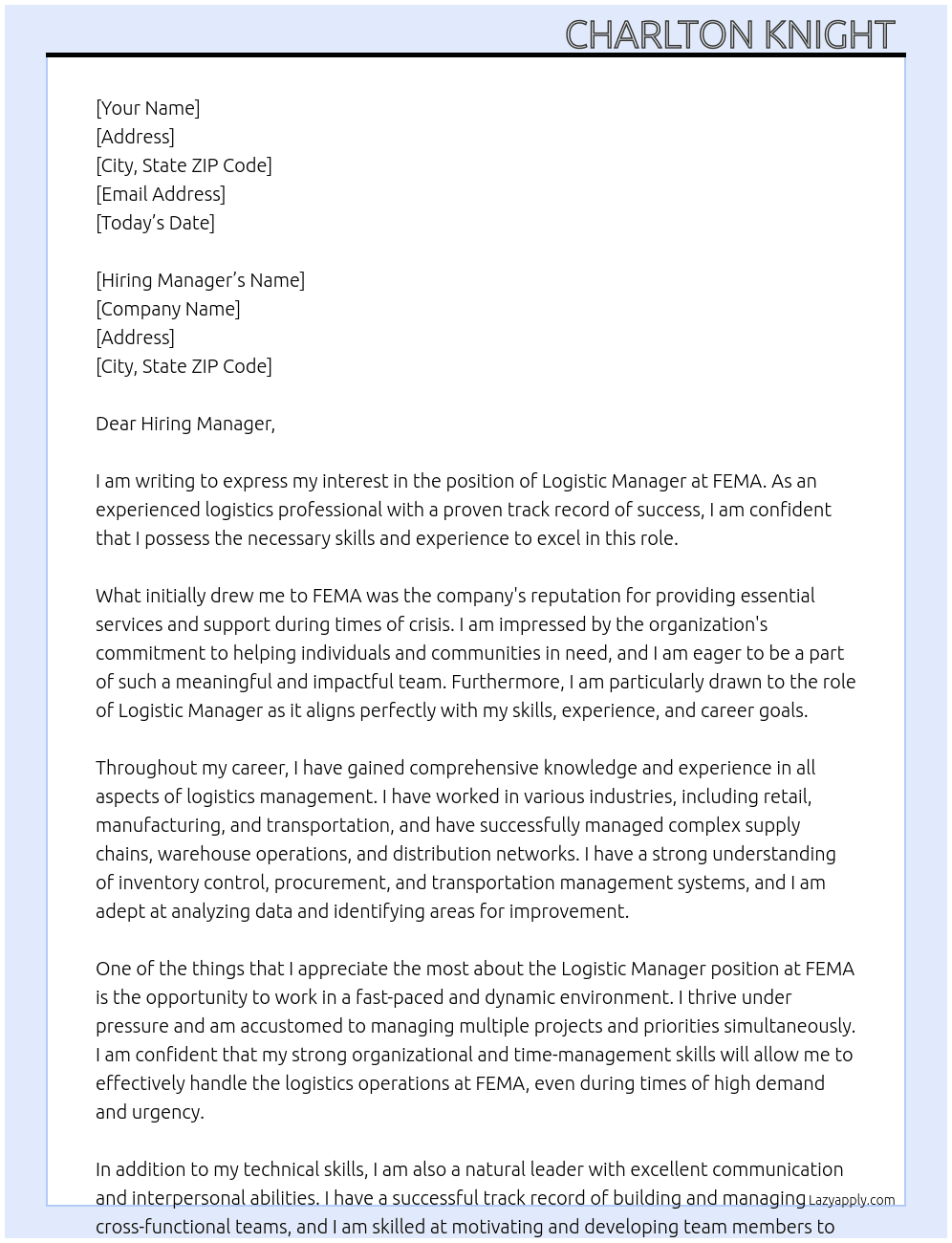Logistic Manager At FEMA Cover Letter