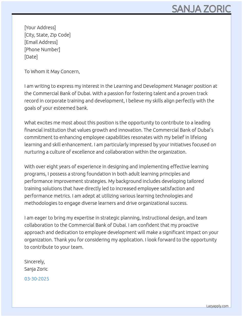Learning and Development Manager At Commercial Bank of Dubai Cover Letter