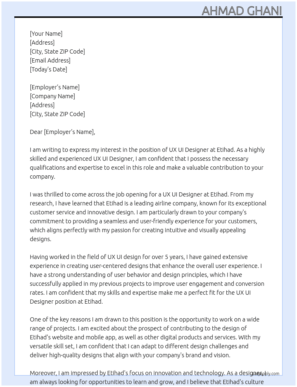 UX UI Designer At Etihad Cover Letter