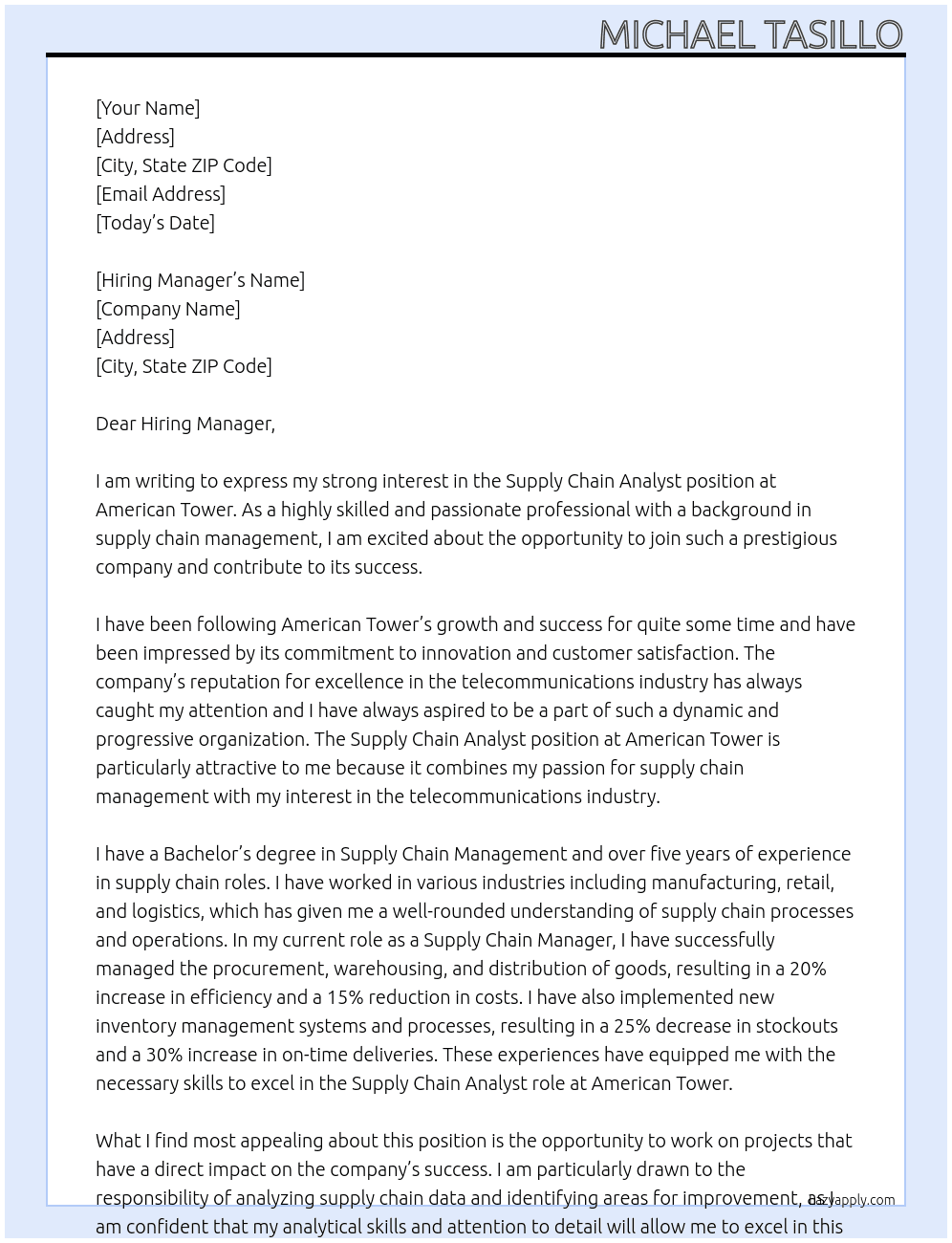 Supply Chain Analyst At American Tower Cover Letter