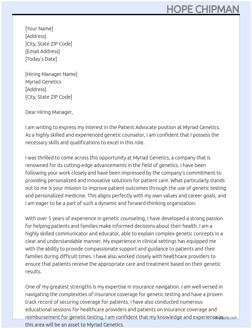 Patient advocate At Myriad Genetics Cover Letter